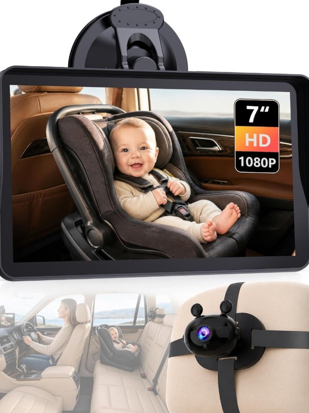 7-Inch HD Baby Monitor with Night Vision for Safe Solo Driving - Easy Setup!